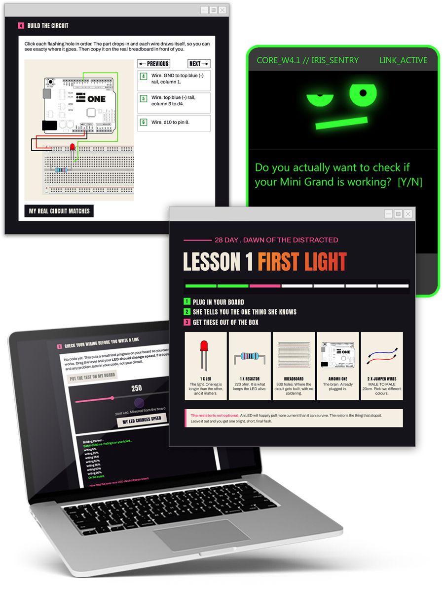 28 Days lesson screens: building the circuit, IRIS, and Lesson 1 on a laptop