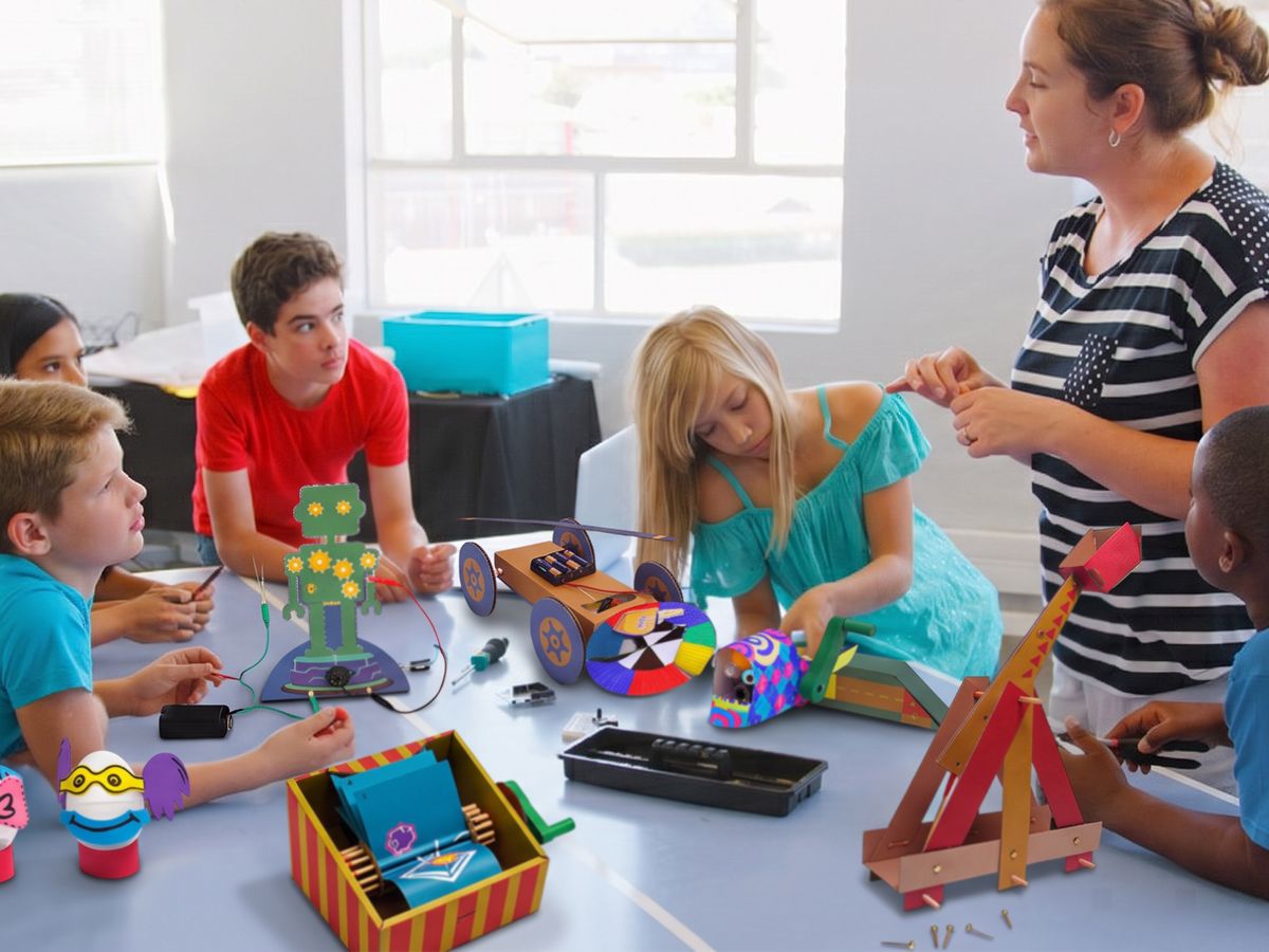 a holiday camp in full swing, children aged 8 to 12 building Bolt projects at tables, bright room
