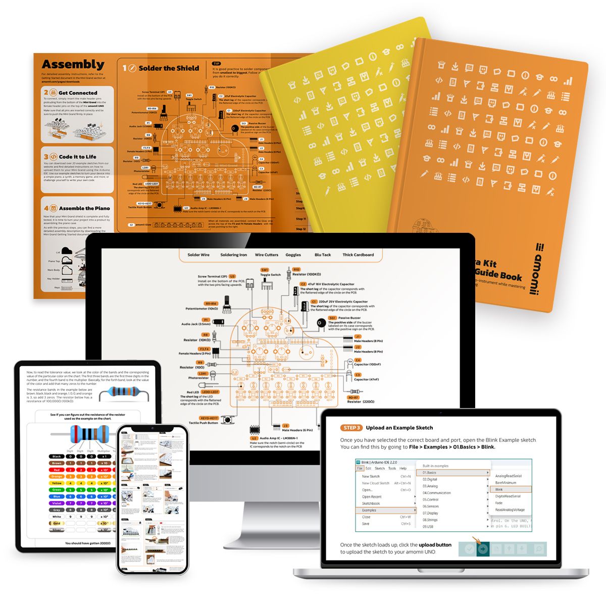 Bolt workbooks and lesson pages shown on laptop, tablet and phone screens