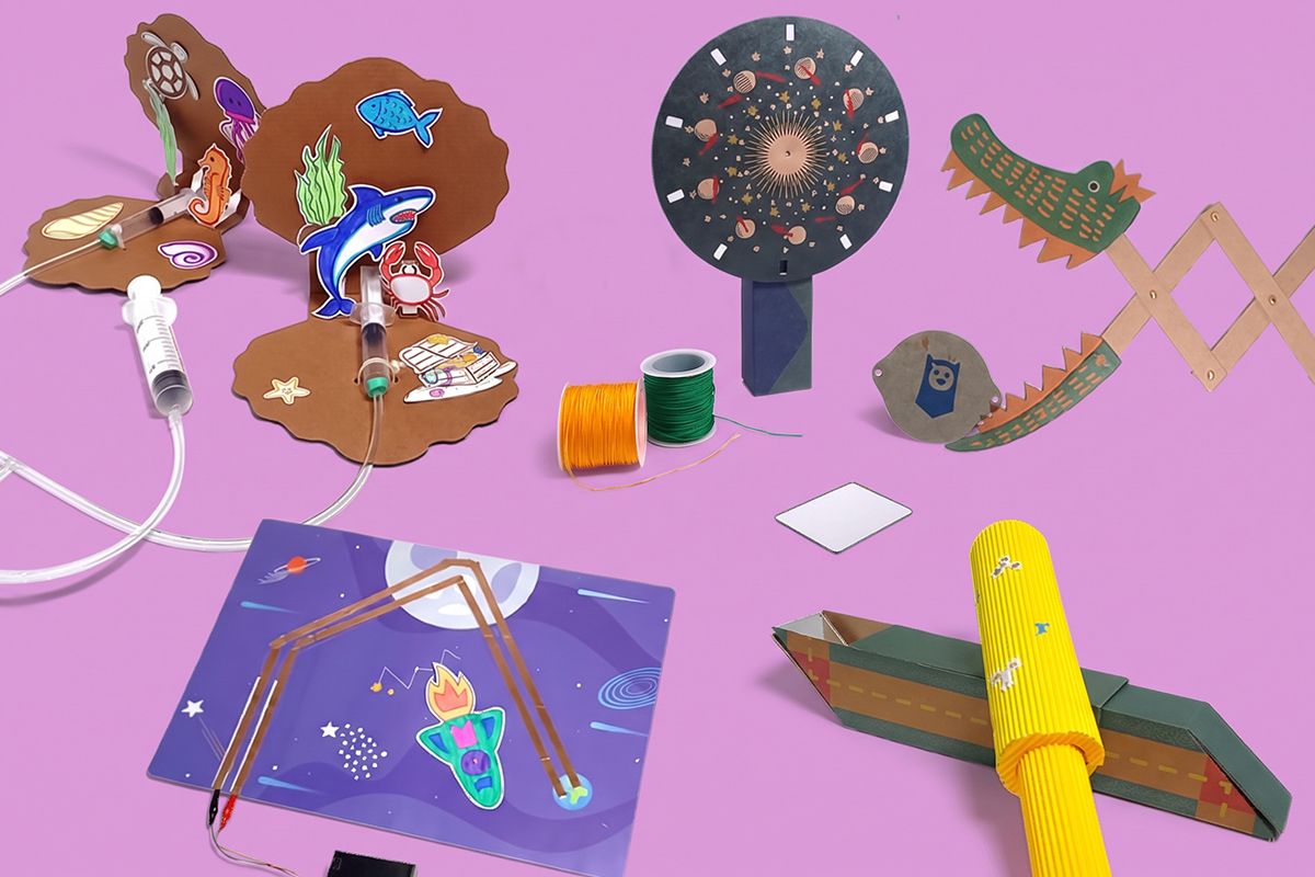 the five finished Level 1 projects lined up on a bright background: Scissor Monster, Rocket Circuit, Pneumatic Clam, Animation Illusions, Telescope
