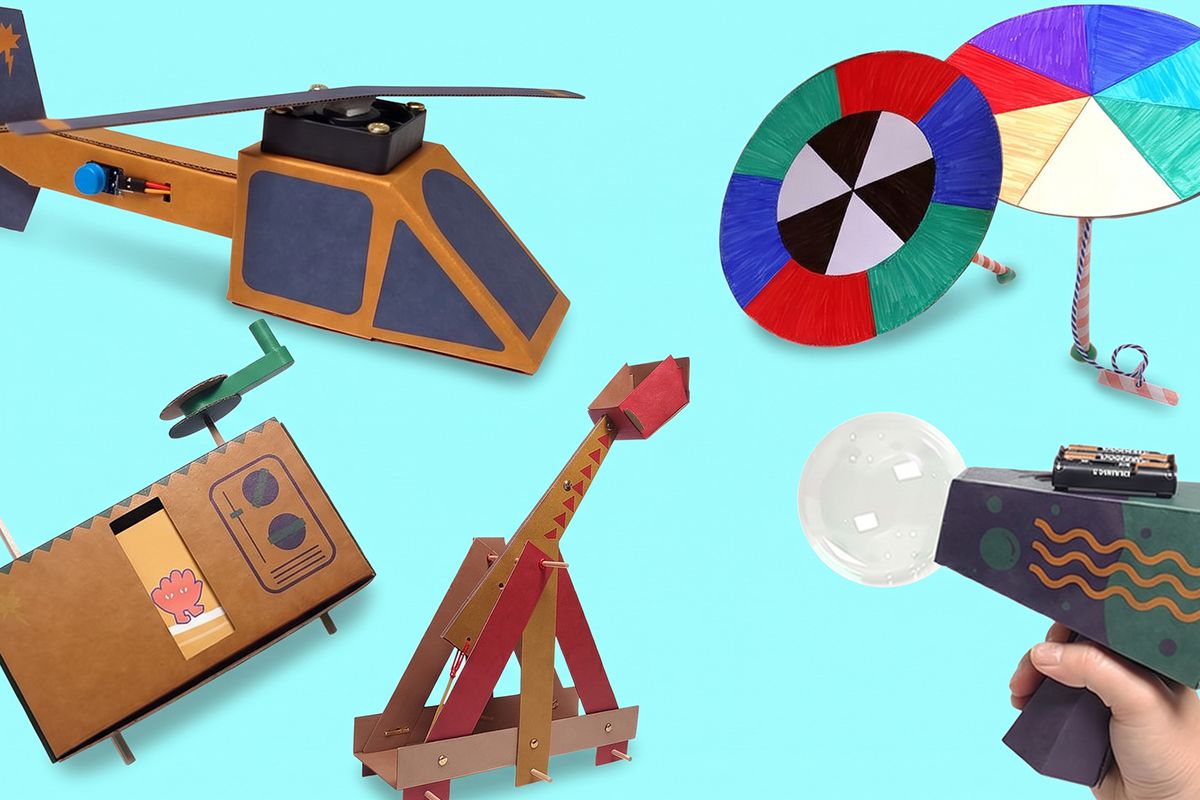 the five finished Level 2 projects lined up on a bright background: Catapult, Helicopter, Bubble Bot, Animation TV, Rainbow Roller