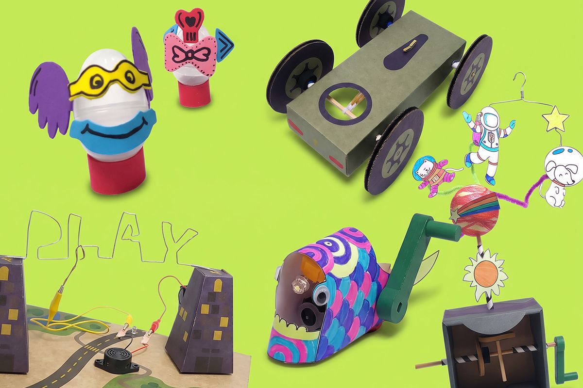 the five finished Level 3 projects lined up on a bright background: Exploding Egg, Cranky Fish, Buzz Wire, Automaton, Rubber Band Speeder