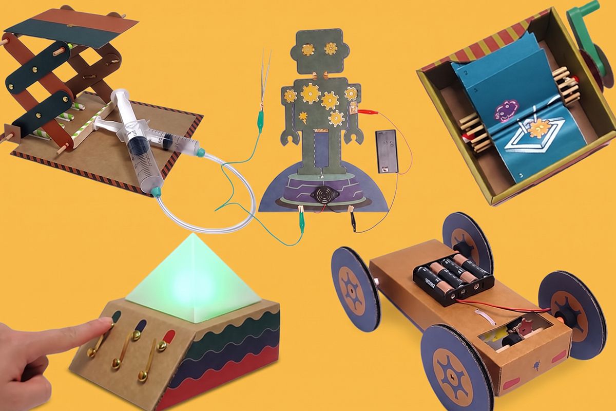 the five finished Level 4 projects lined up on a bright background: Scissor Lift, LED Lantern, Buzz Bot, Roller Flip Book, Motor Speeder