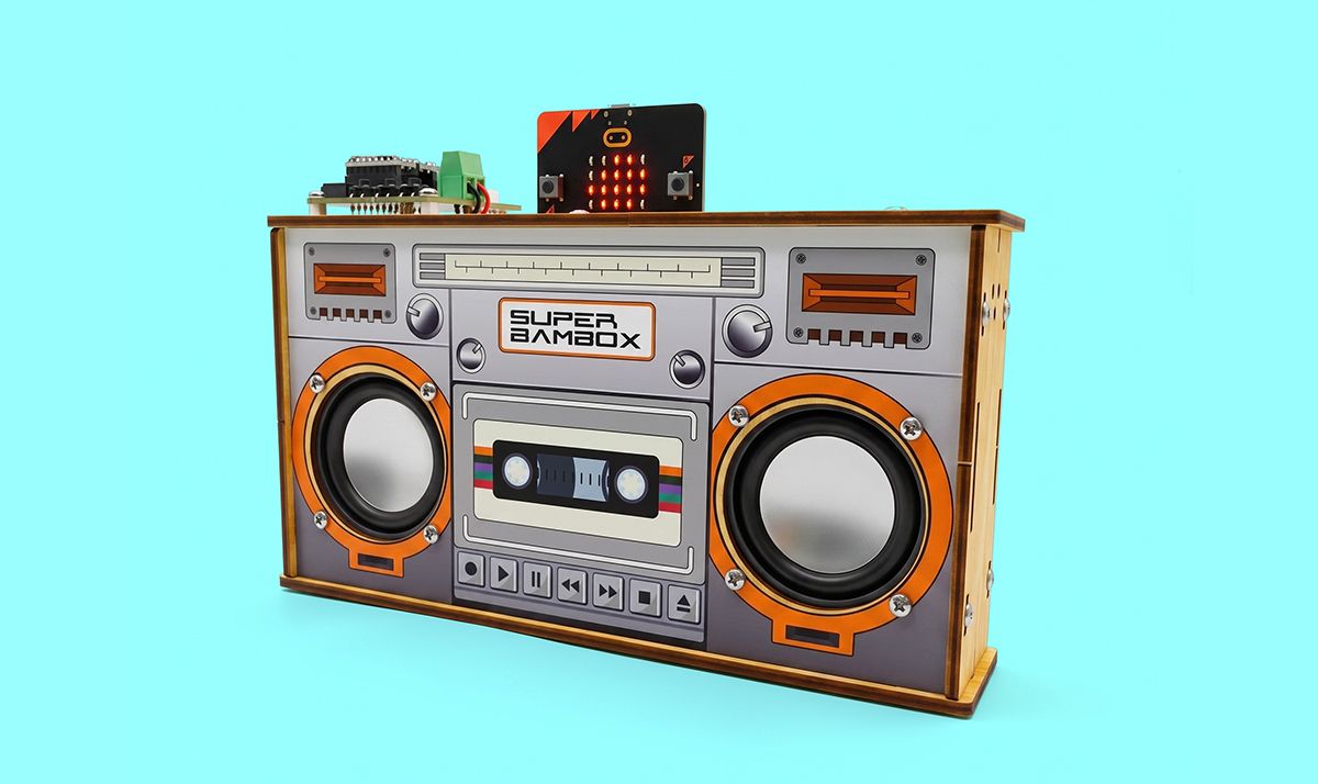 the finished BAMbox boombox, lights on, real build, bright background