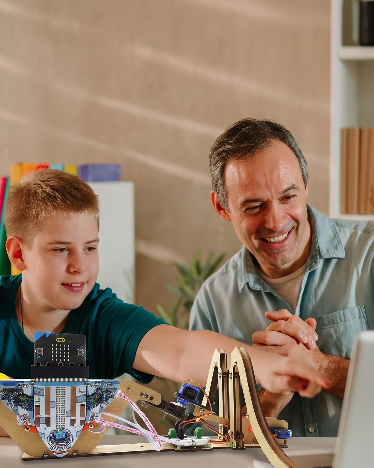 a student testing their prototype with a real user (a younger child or a grandparent), notebook open, both laughing