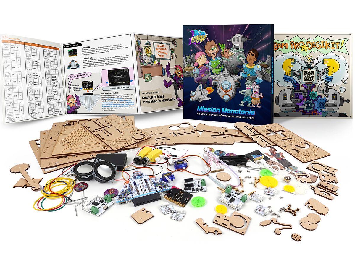 the Mission Monotonia kit opened flat lay: the Bolt Board, micro:bit, light, sound, motor and touch modules, the printed story book