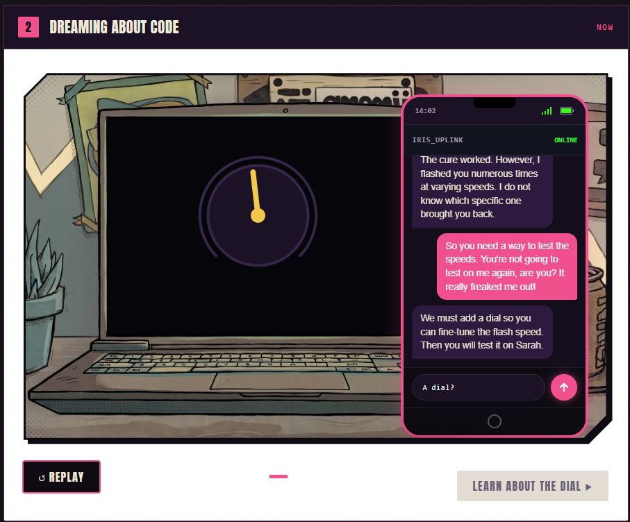 IRIS, the course's AI character, from the 28 Days story, on a lesson screen