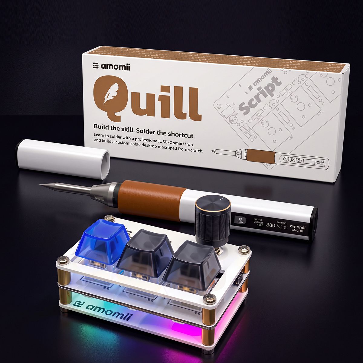 the Quill kit with its USB-C soldering iron and a finished board, bright background