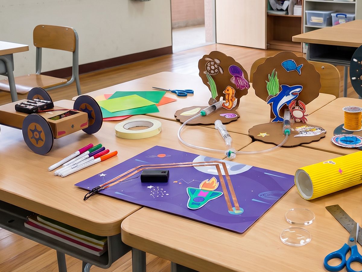 a class kit box opened flat lay: 15 material packs, workbooks and tools laid out neatly on a bright table